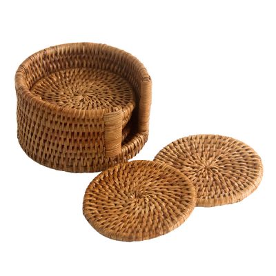 6 Round Woven Rattan Coasters with Case