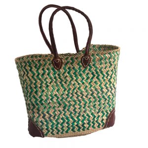 Green Zig Zag Pattern French Market Basket with Leather Handles