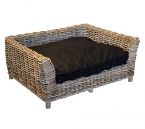 Medium Raised Rectangular Grey Wicker Dog Basket with Cushion