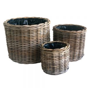 Set of 3 Round Grey Rattan Planters with Plastic Liners