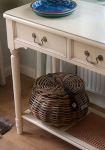 Round Shaped Grey Wicker Sewing Basket