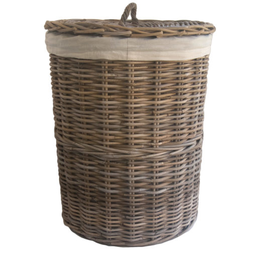 Round Grey Lined Rattan Laundry Basket