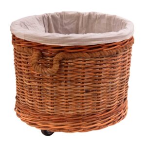 Lined Round Log Basket with Wheels and Rope Handles