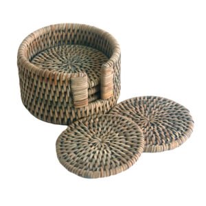 Set 6 Round Grey Woven Rattan Coasters with Case
