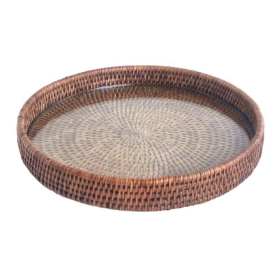 Natural Brown Rattan Cheese Tray with Glass Base